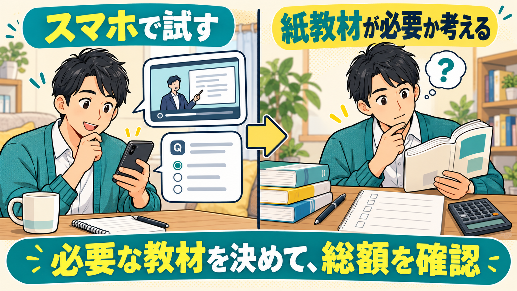 スマホで講義と問題を試し、紙教材が必要かを考えて総額を確認する講座の選び方