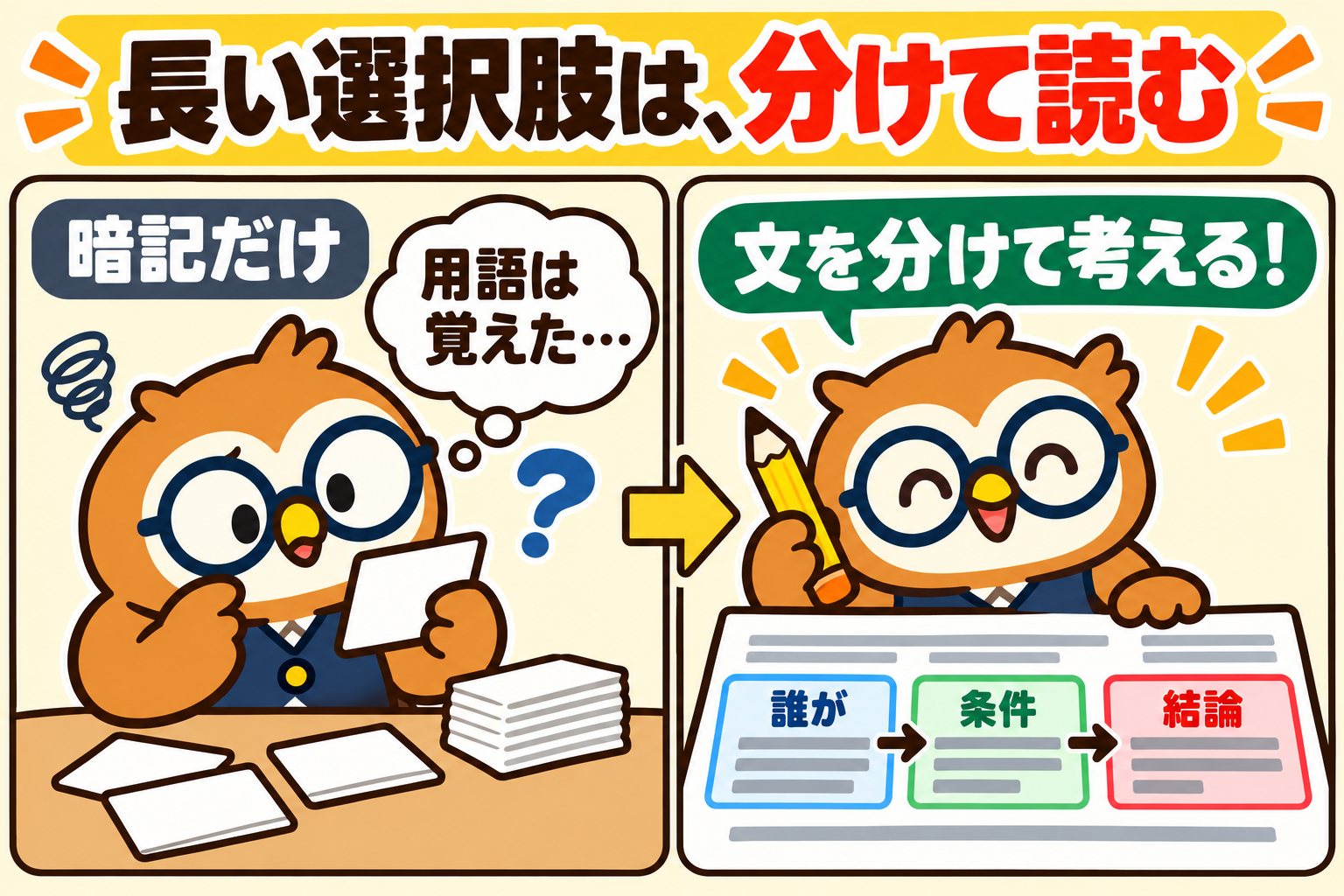 暗記だけで悩むフクロウと、選択肢を誰が・条件・結論に分けて読むフクロウ