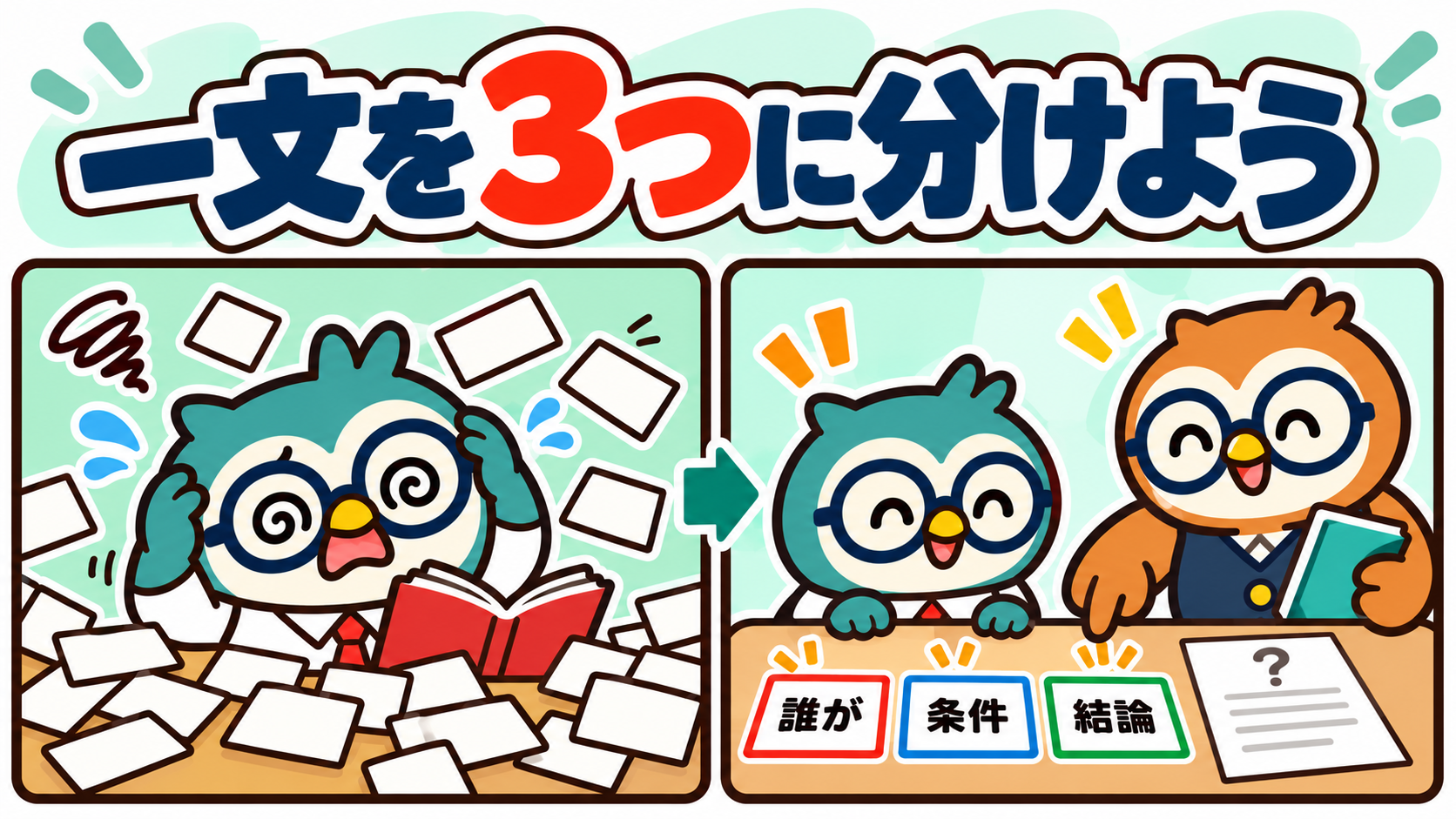覚える項目に困る受験生に、中小太郎が誰が・条件・結論の3つに分ける読み方を説明する漫画