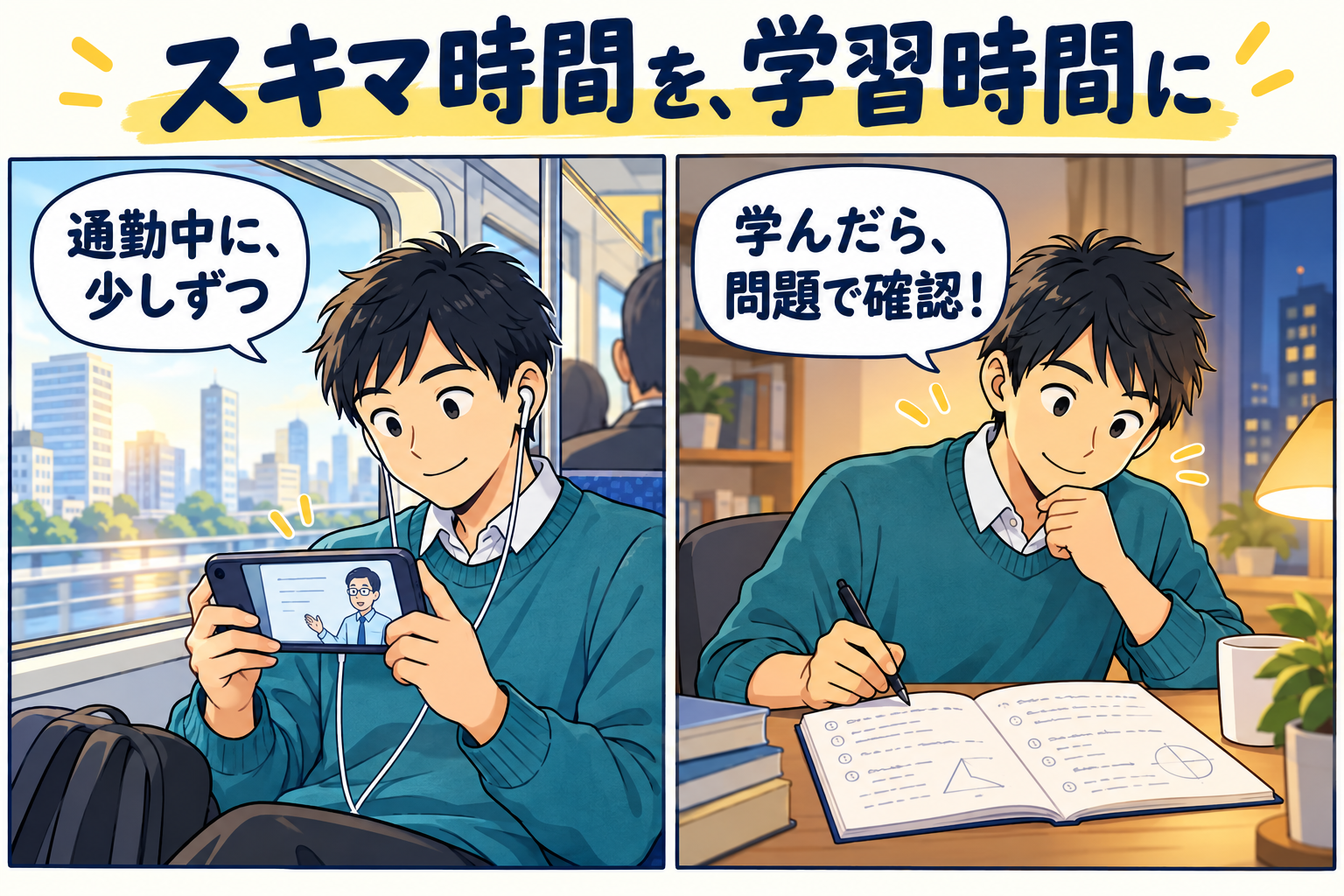 カラー教材と動画講義で理解を深める学習イメージの漫画
