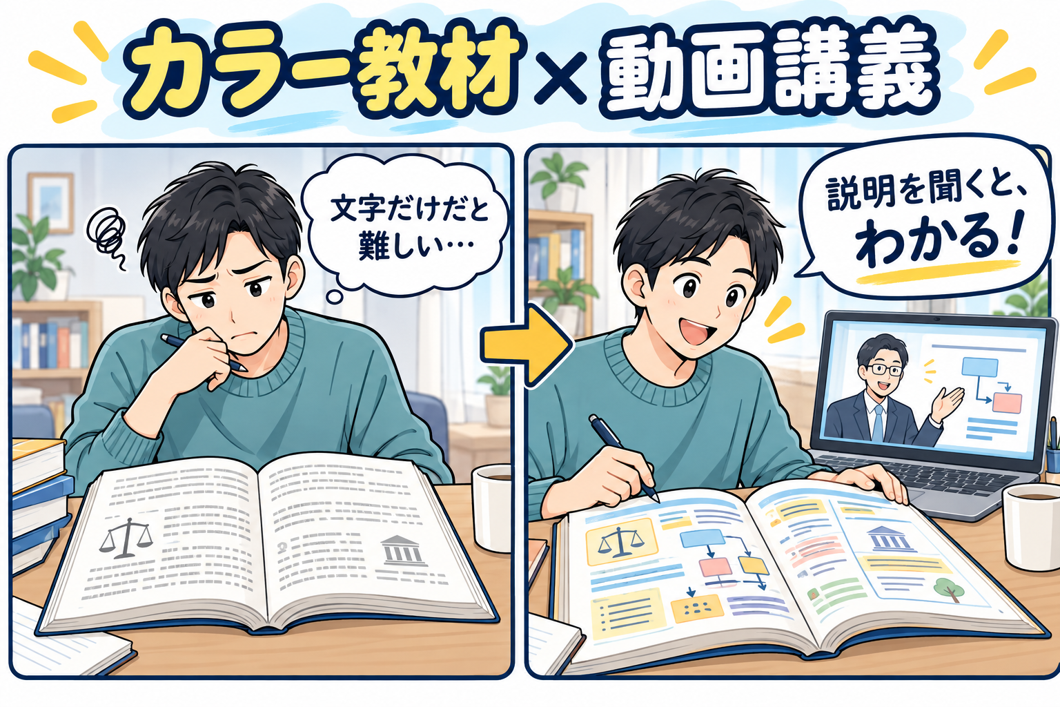 通勤中に動画講義を見て、自宅で問題演習をする学習イメージの漫画